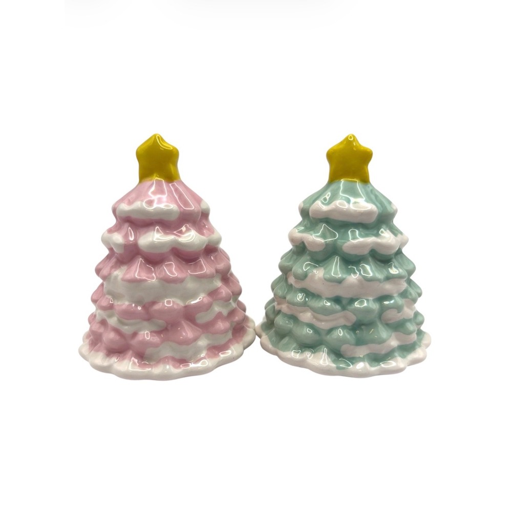 Vintage Pastel Christmas Tree Salt & Pepper Shaker Set Ceramic Pink Mint Green
